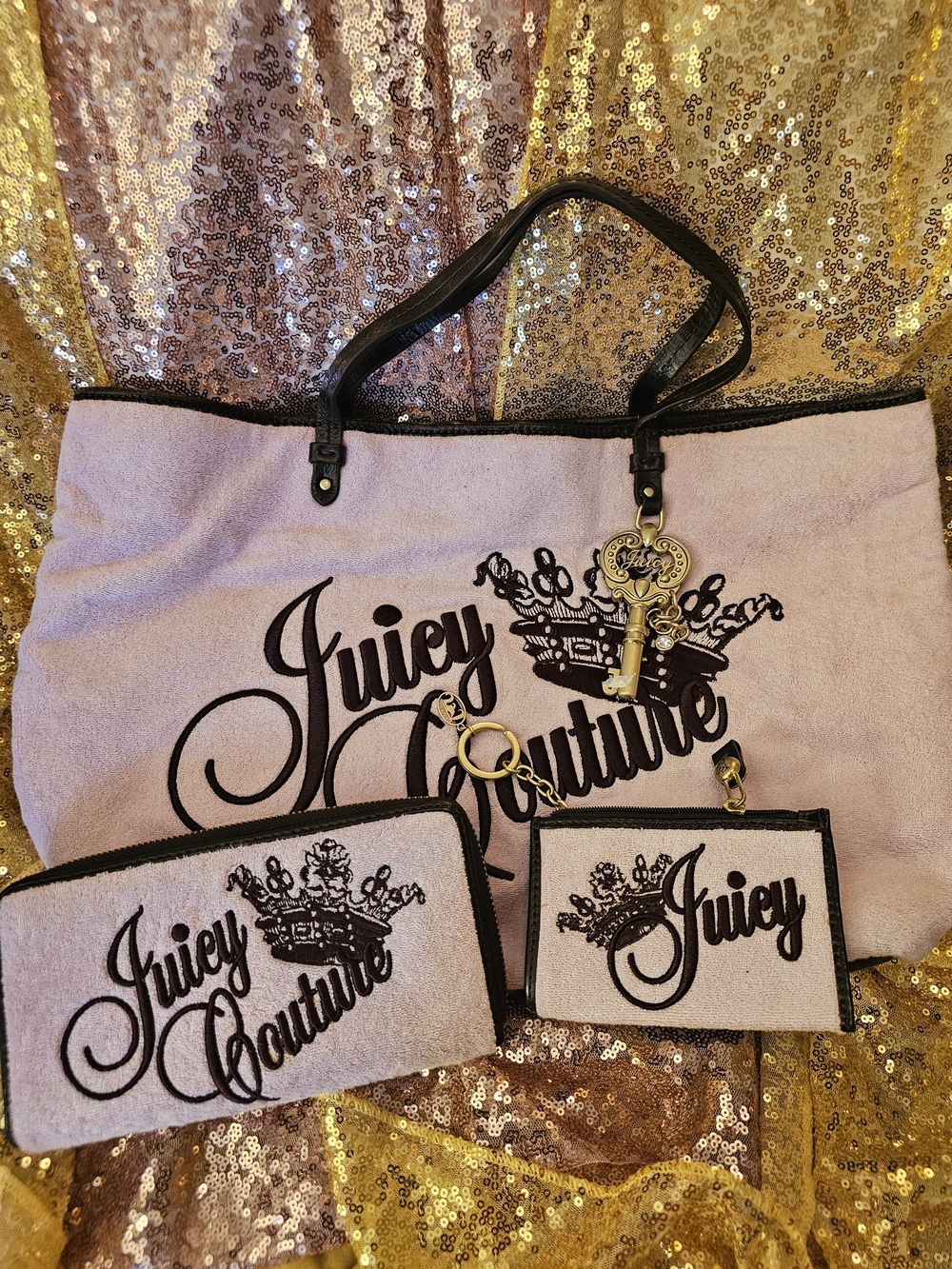 Juicy Couture Light Pink Tote with Black Trim and Matching Pouches